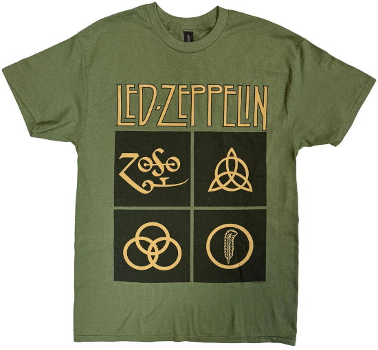 T-Shirt - Led Zeppelin - Gold Symbols in Black Squares - Green